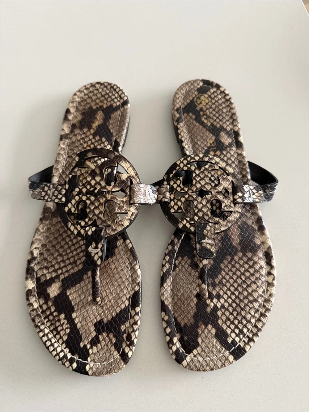 Tory Burch Miller Snakeskin Print Slide Sandals - Neutral Tones
